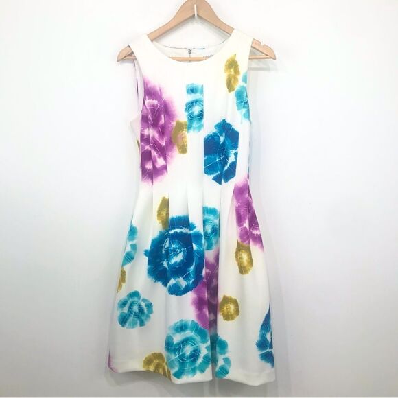Calvin Klein White Multicolored Tie Dye Circle Print Sleeveless A Line Dress - Picture 4 of 16